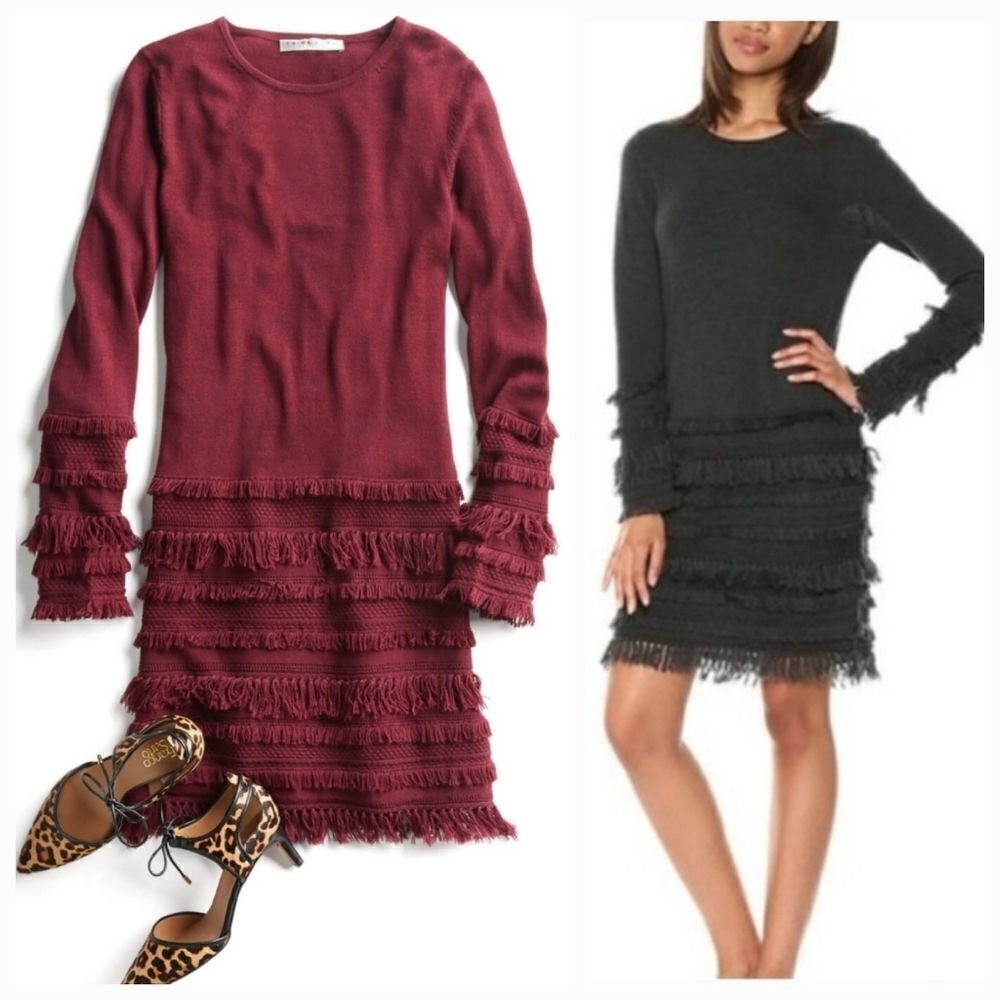Trina Turk Sass 2 Fringe Sweater Dress Maroon Size Large